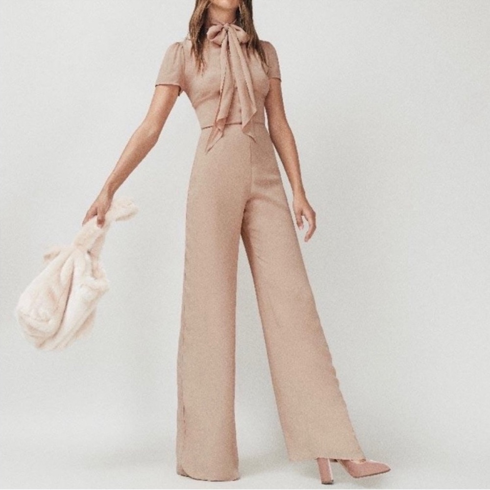 Reformation Elegant Beige Frannie Jumpsuit with Bow Detail - 0